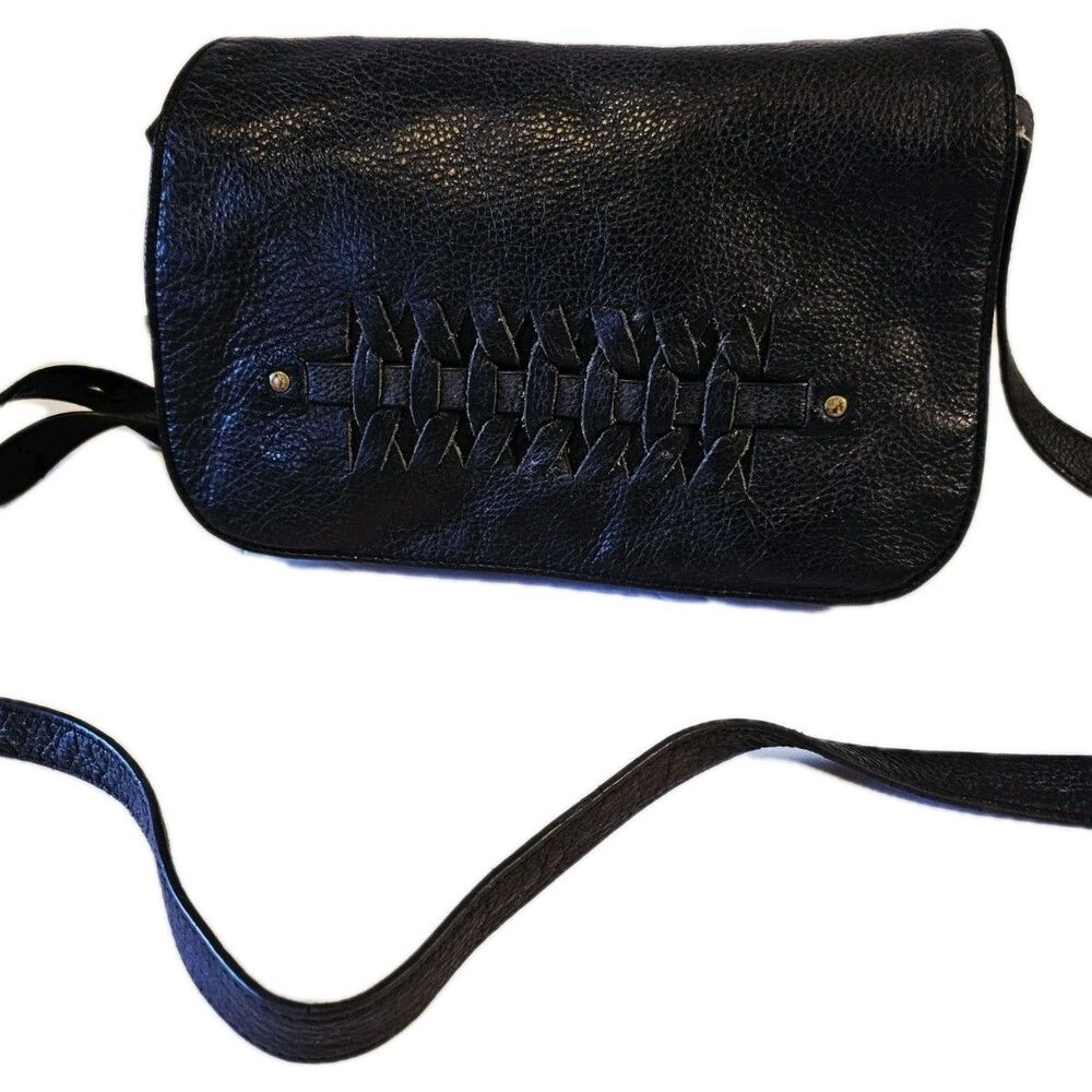 Lucky Brand Kingston Flap Crossbody Bag Black Pebbled Leather Woven Boho - Picture 2 of 8